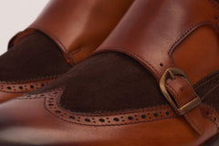 The Albus Tan Leather Suede Double Strap Monk Brogue  Boot - Vinci Leather