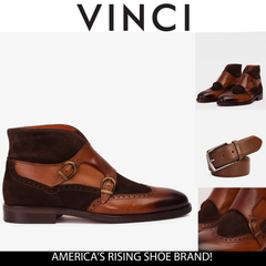The Albus Tan Leather Suede Double Strap Monk Brogue  Boot - Vinci Leather
