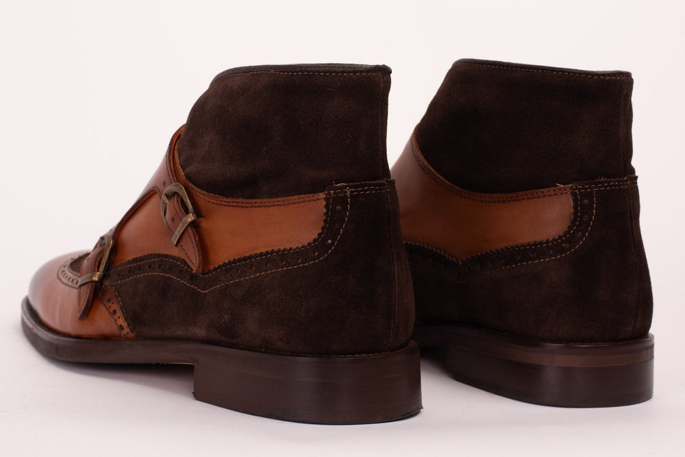 The Albus Tan Leather Suede Double Strap Monk Brogue  Boot - Vinci Leather