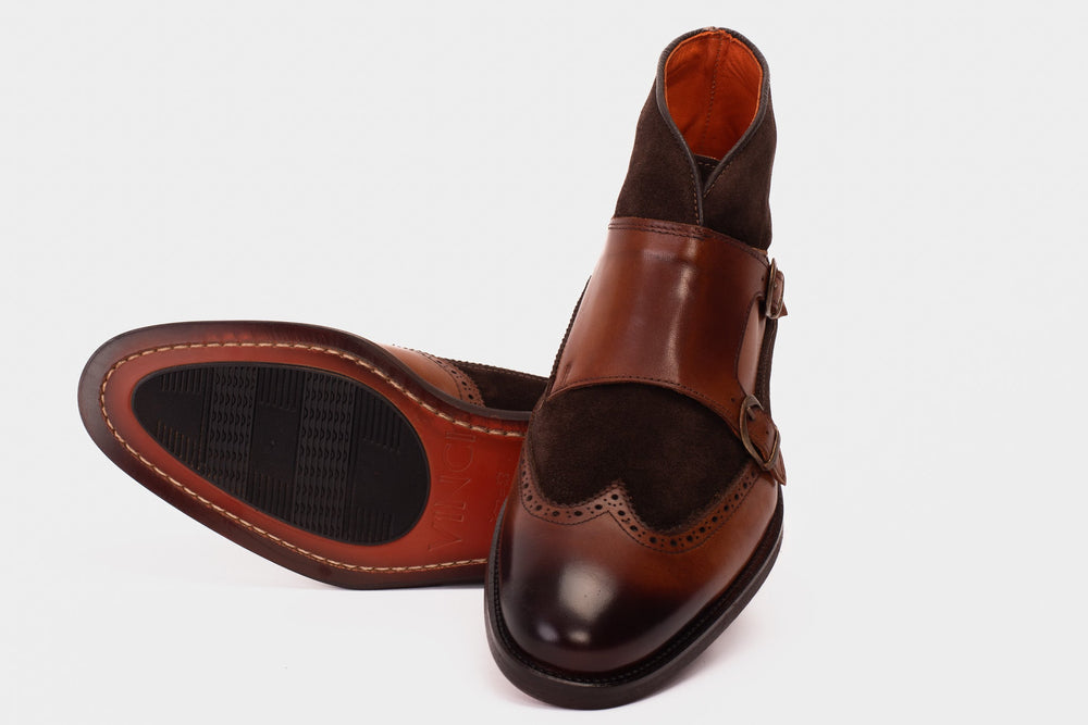 The Albus Tan Leather Suede Double Strap Monk Brogue  Boot - Vinci Leather