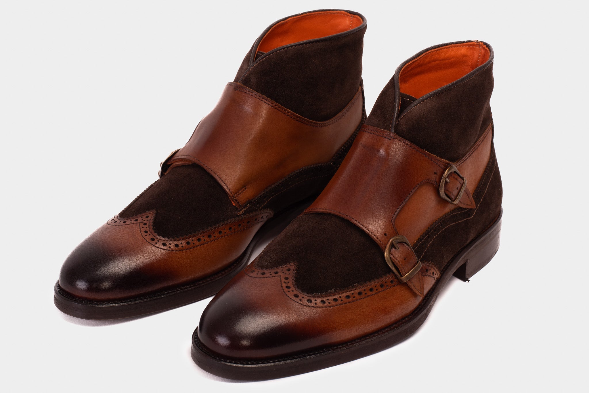 The Albus Tan Leather Suede Double Strap Monk Brogue  Boot - Vinci Leather