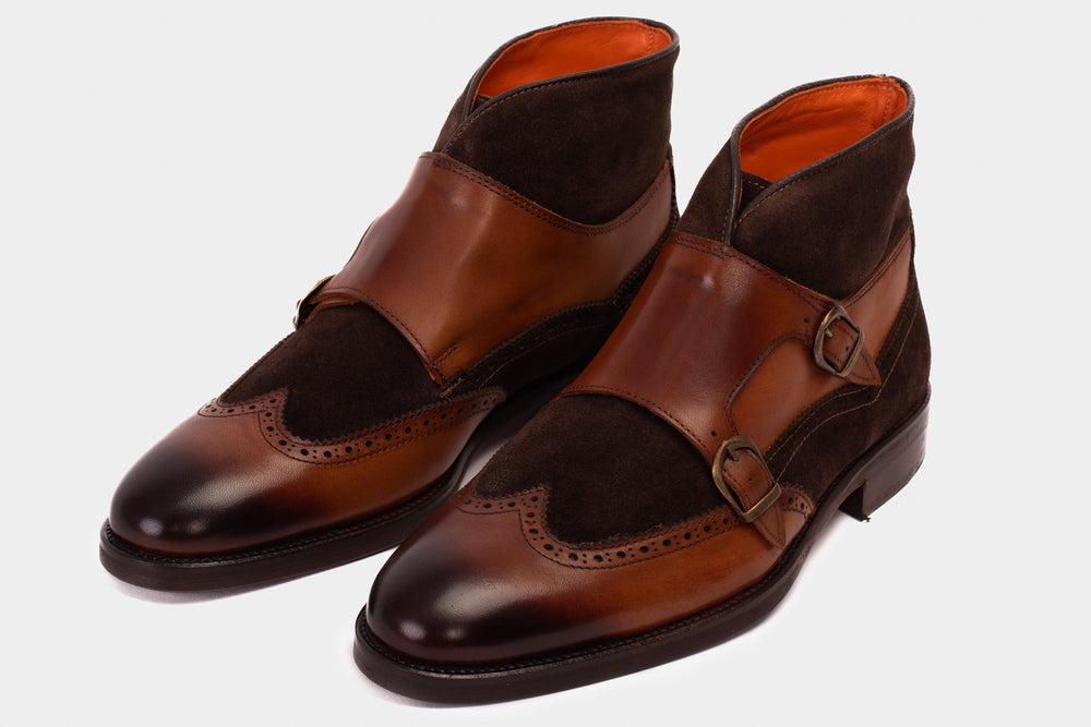 The Albus Tan Leather Suede Double Strap Monk Brogue  Boot - Vinci Leather