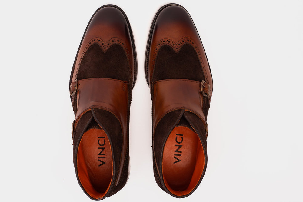 The Albus Tan Leather Suede Double Strap Monk Brogue  Boot - Vinci Leather