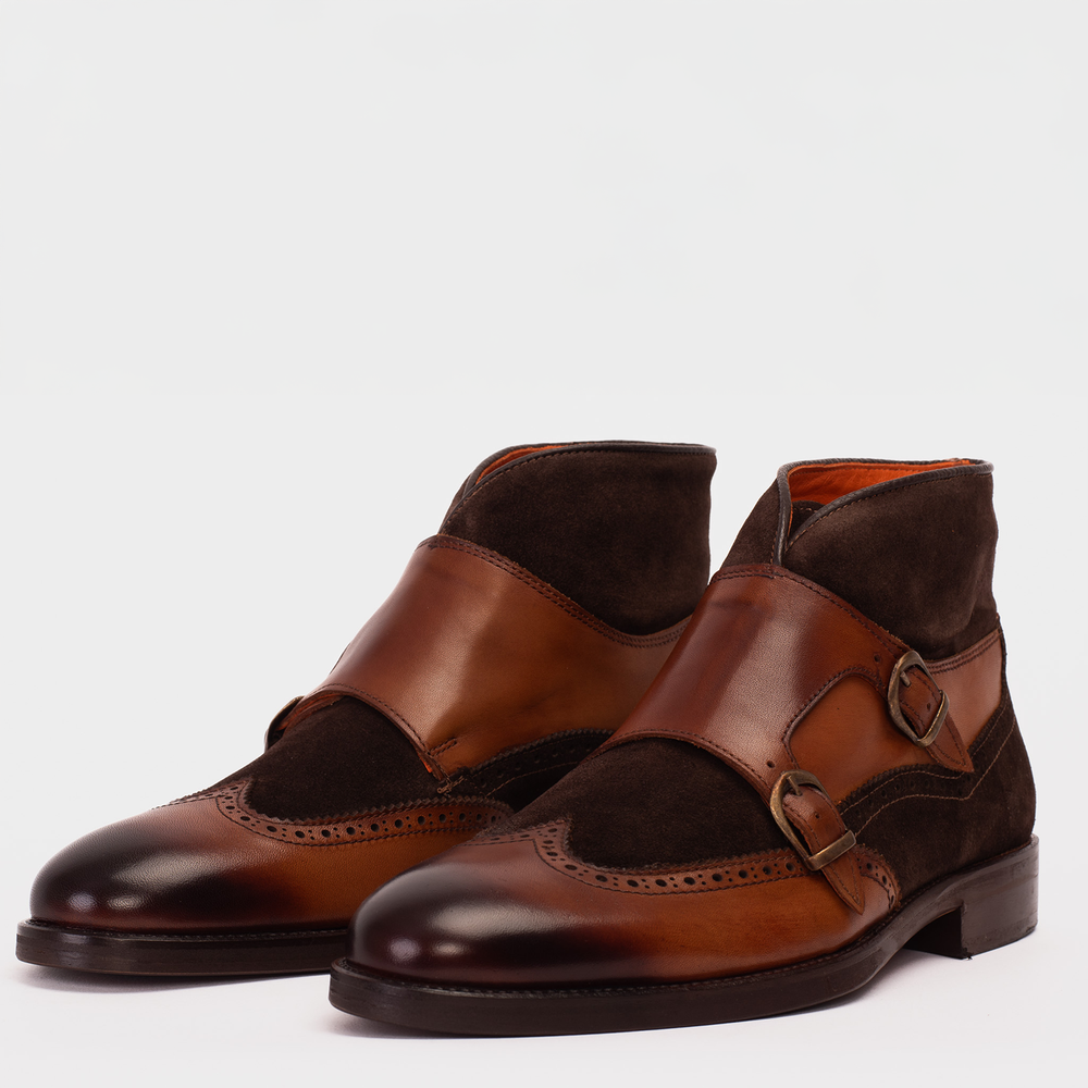 The Albus Tan Leather Suede Double Strap Monk Brogue  Boot - Vinci Leather