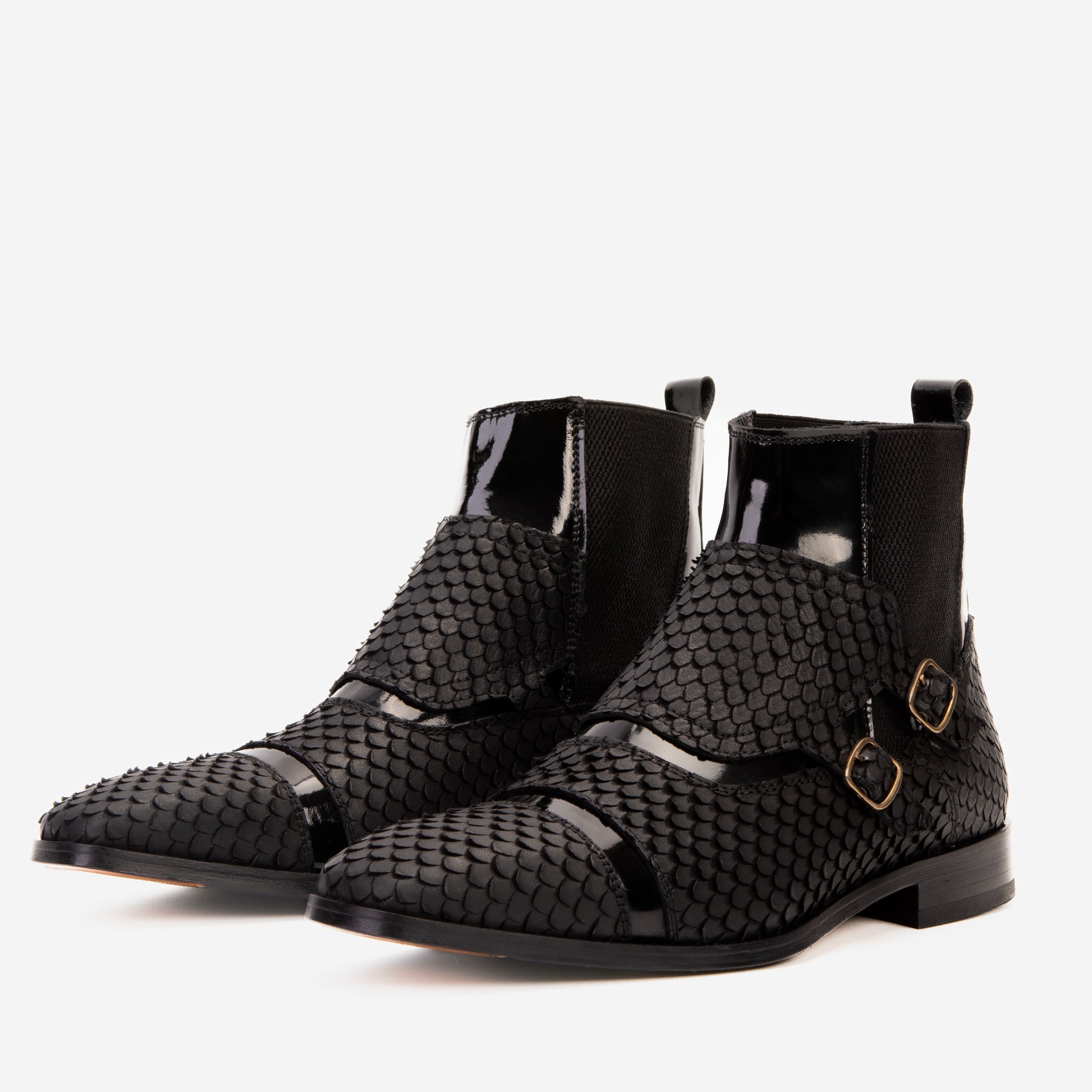 The Orion Black Snakeskin Pattern Leather Double Monk Strap Boot - Vinci Leather
