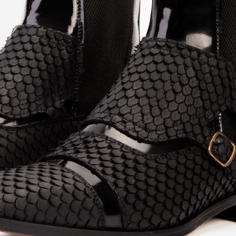 The Orion Black Snakeskin Pattern Leather Double Monk Strap Boot - Vinci Leather