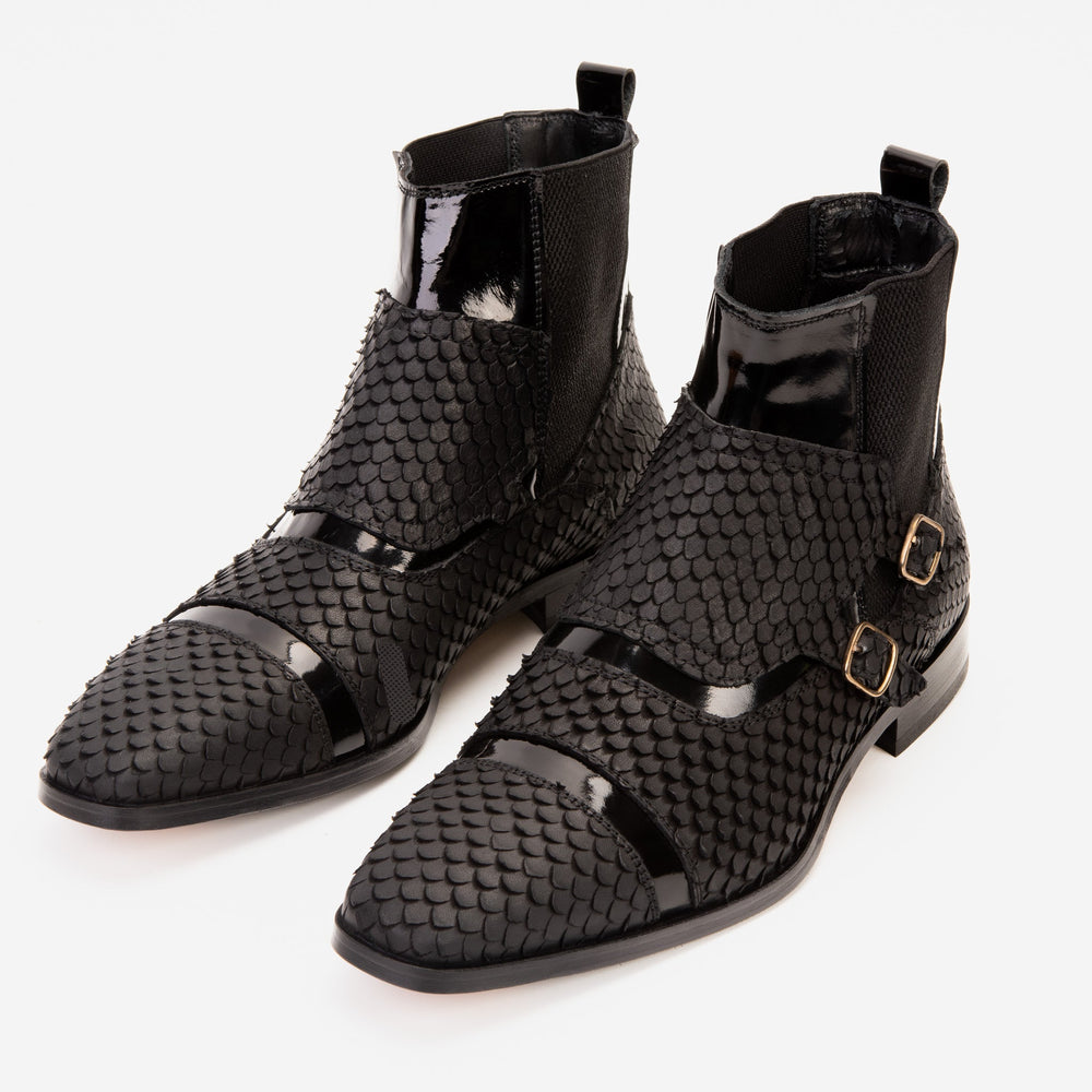 The Orion Black Snakeskin Pattern Leather Double Monk Strap Boot - Vinci Leather