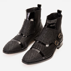 The Orion Black Snakeskin Pattern Leather Double Monk Strap Boot - Vinci Leather