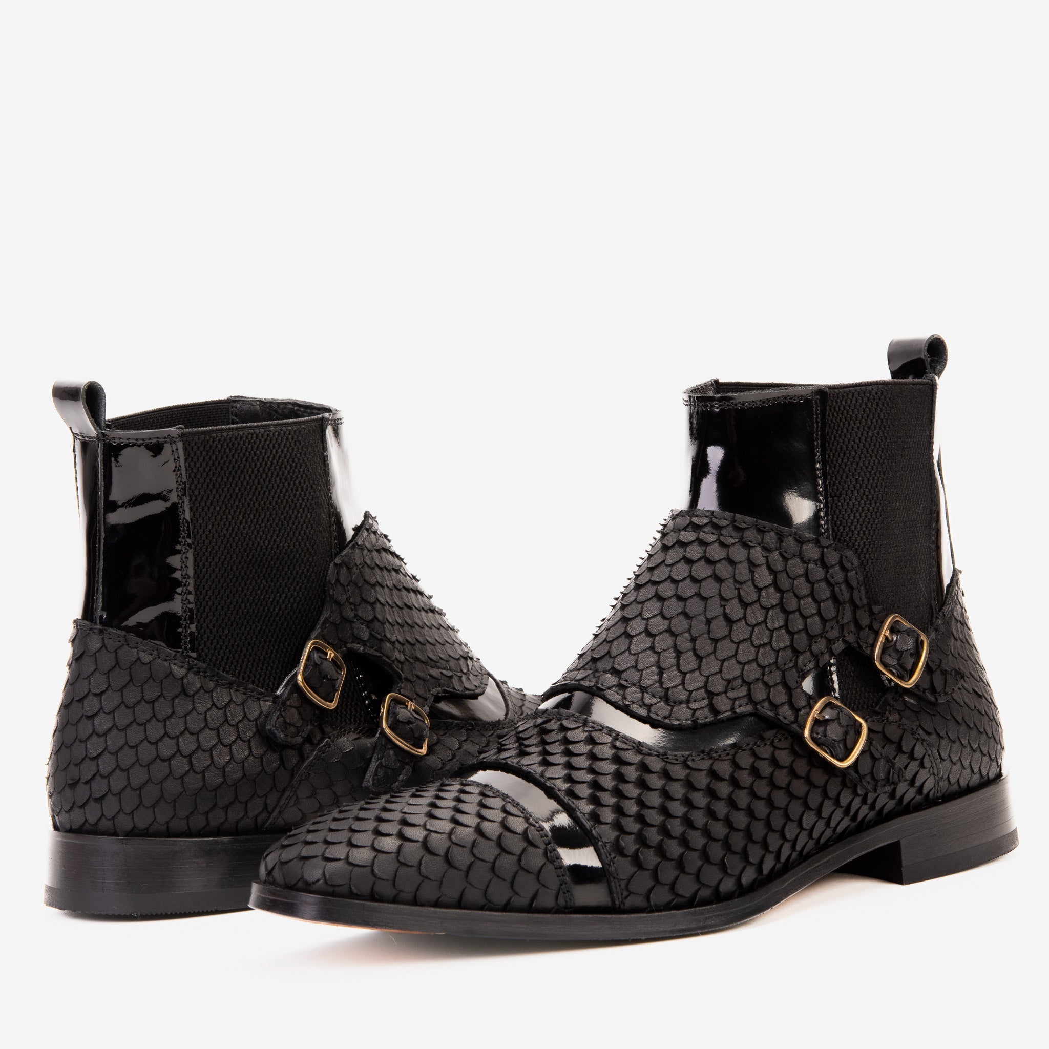 The Orion Black Snakeskin Pattern Leather Double Monk Strap Boot - Vinci Leather
