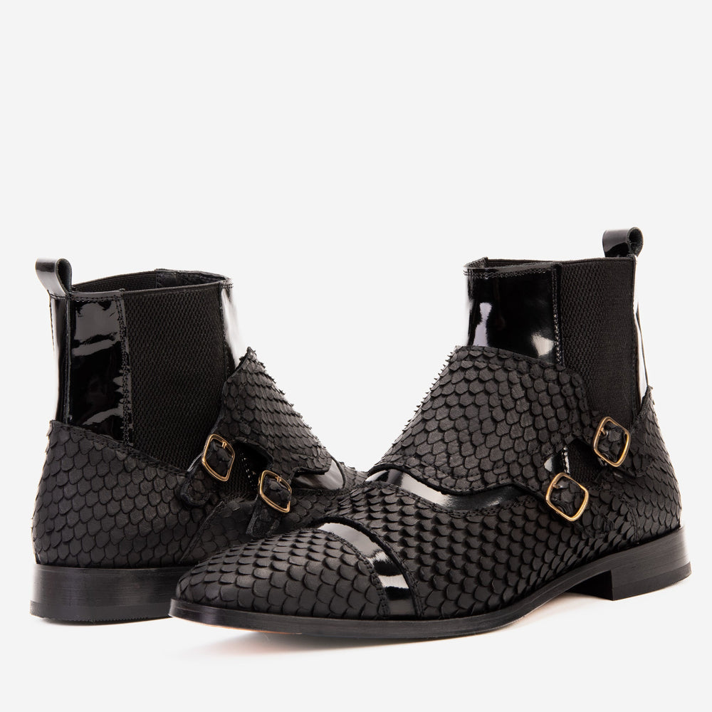 The Orion Black Snakeskin Pattern Leather Double Monk Strap Boot - Vinci Leather