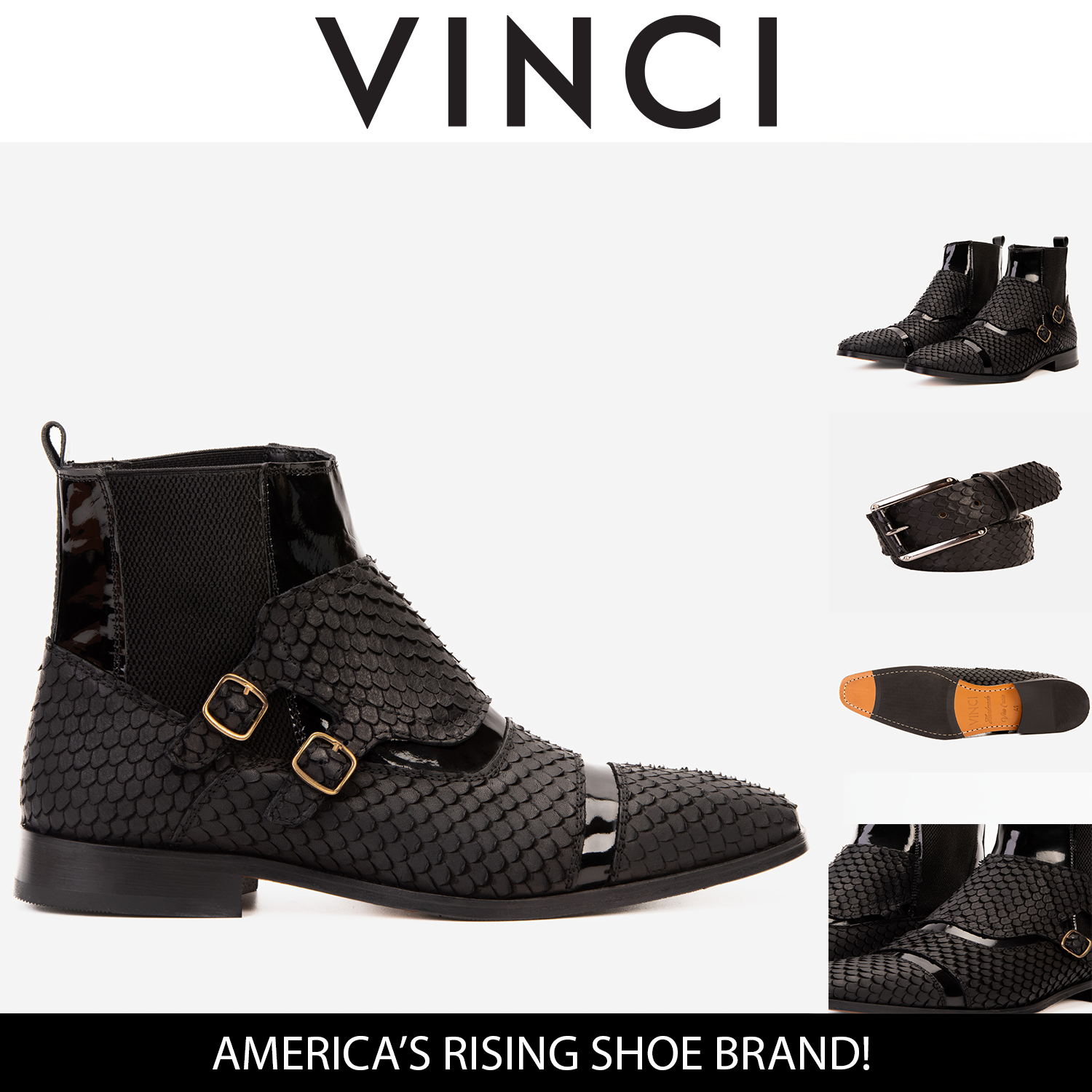 The Orion Black Snakeskin Pattern Leather Double Monk Strap Boot - Vinci Leather