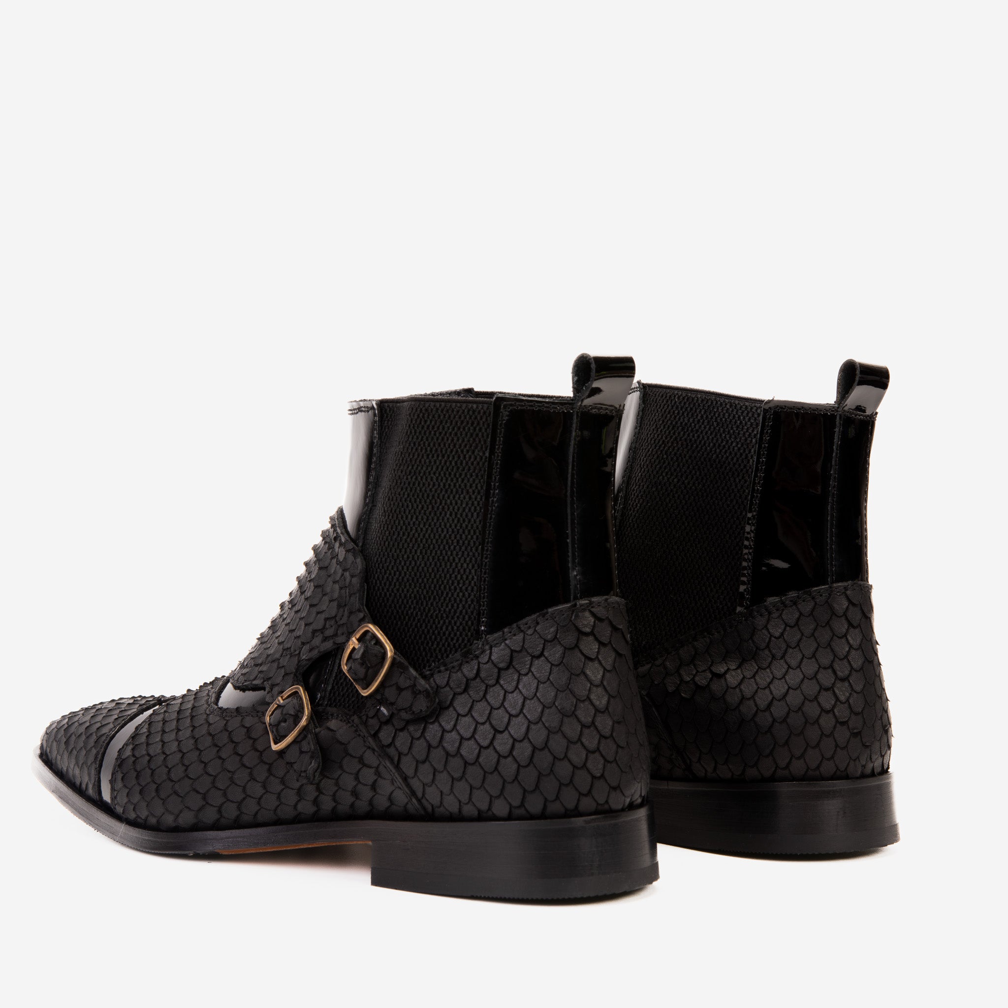 The Orion Black Snakeskin Pattern Leather Double Monk Strap Boot - Vinci Leather