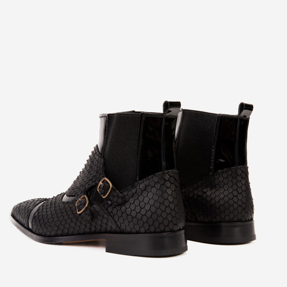The Orion Black Snakeskin Pattern Leather Double Monk Strap Boot - Vinci Leather