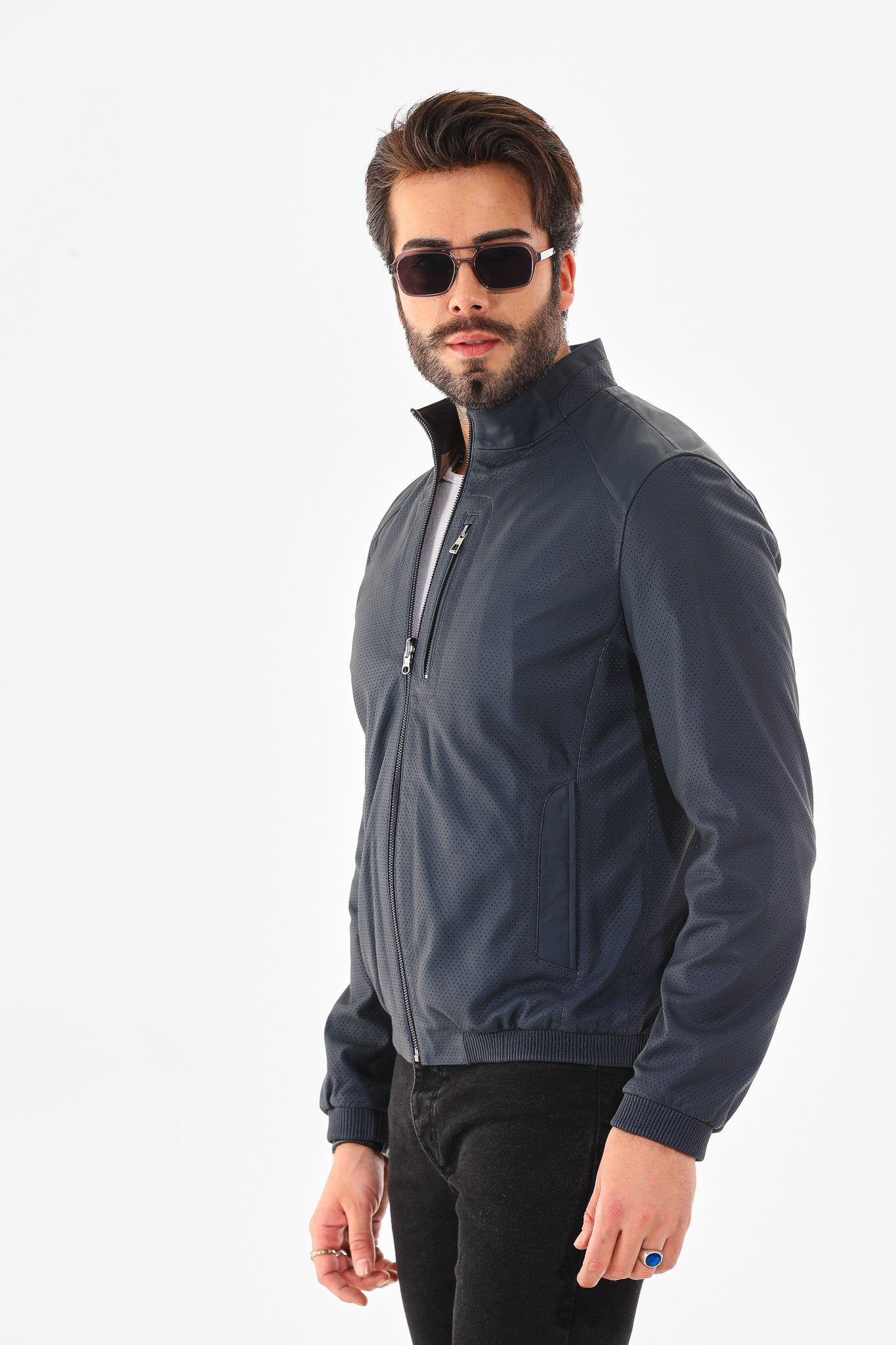 The Como Navy Blue Leather Bomber Jacket - Vinci Leather