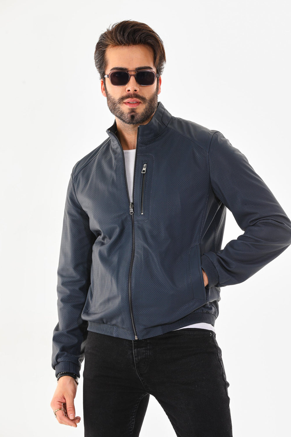 The Como Navy Blue Leather Bomber Jacket - Vinci Leather