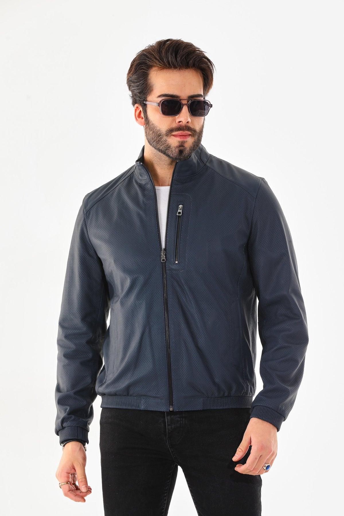The Como Navy Blue Leather Bomber Jacket - Vinci Leather