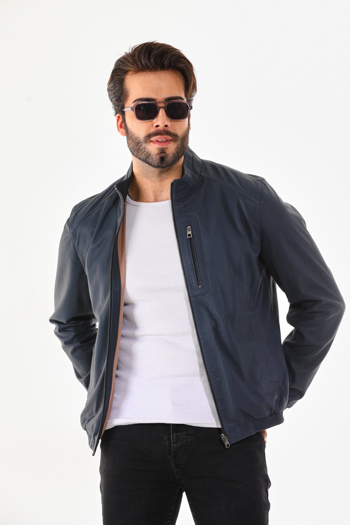 The Como Navy Blue Leather Bomber Jacket - Vinci Leather