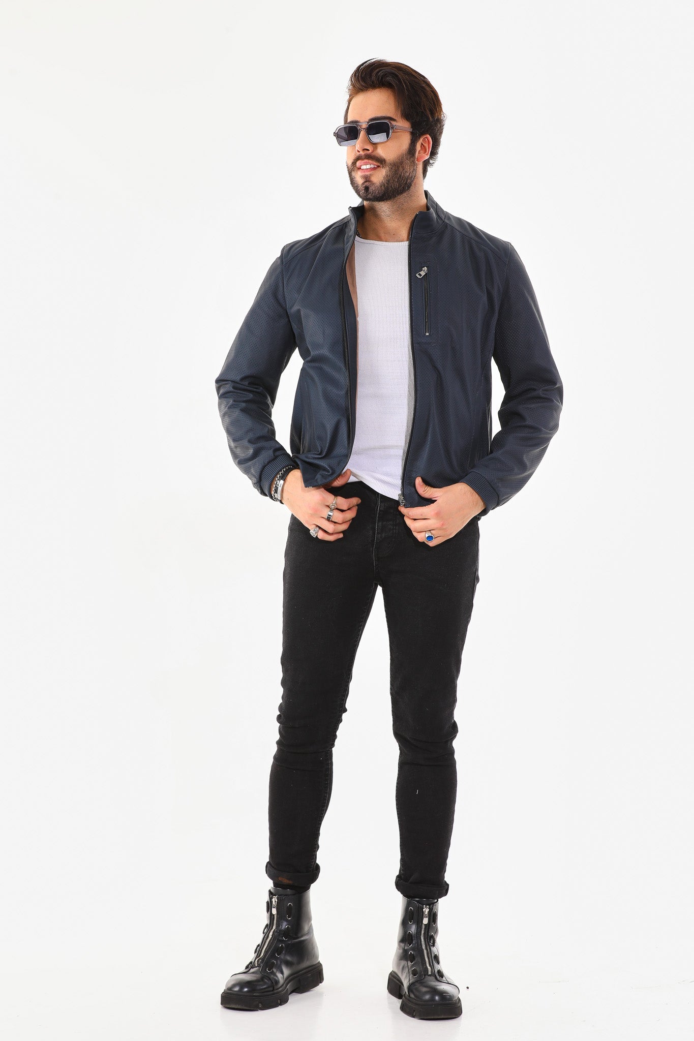 The Como Navy Blue Leather Bomber Jacket - Vinci Leather