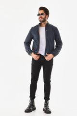 The Como Navy Blue Leather Bomber Jacket - Vinci Leather