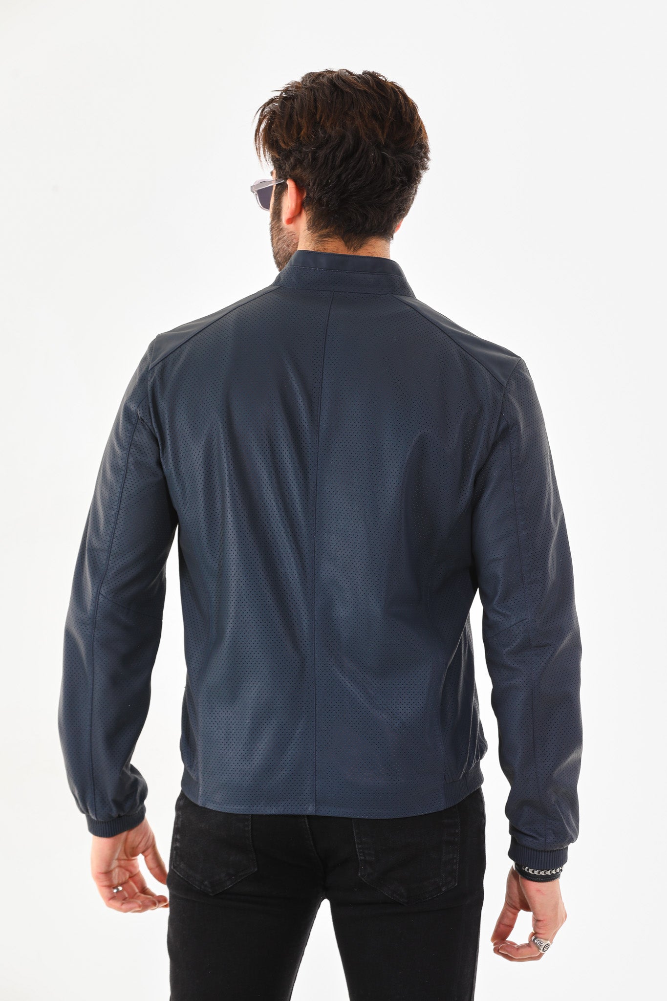 The Como Navy Blue Leather Bomber Jacket - Vinci Leather