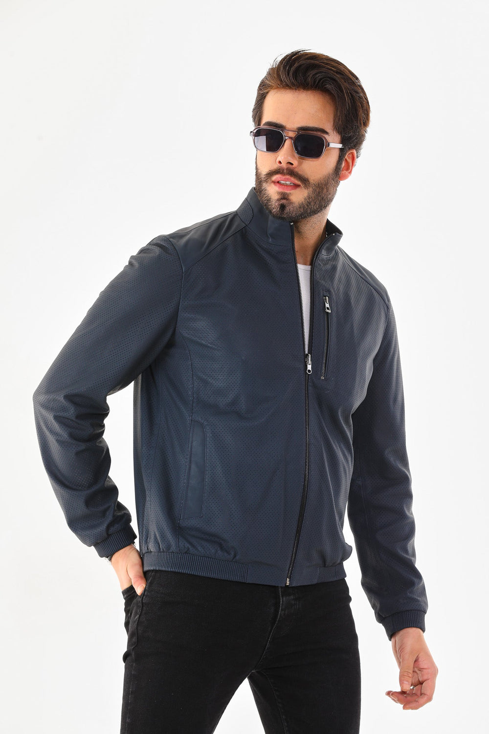 The Como Navy Blue Leather Bomber Jacket - Vinci Leather