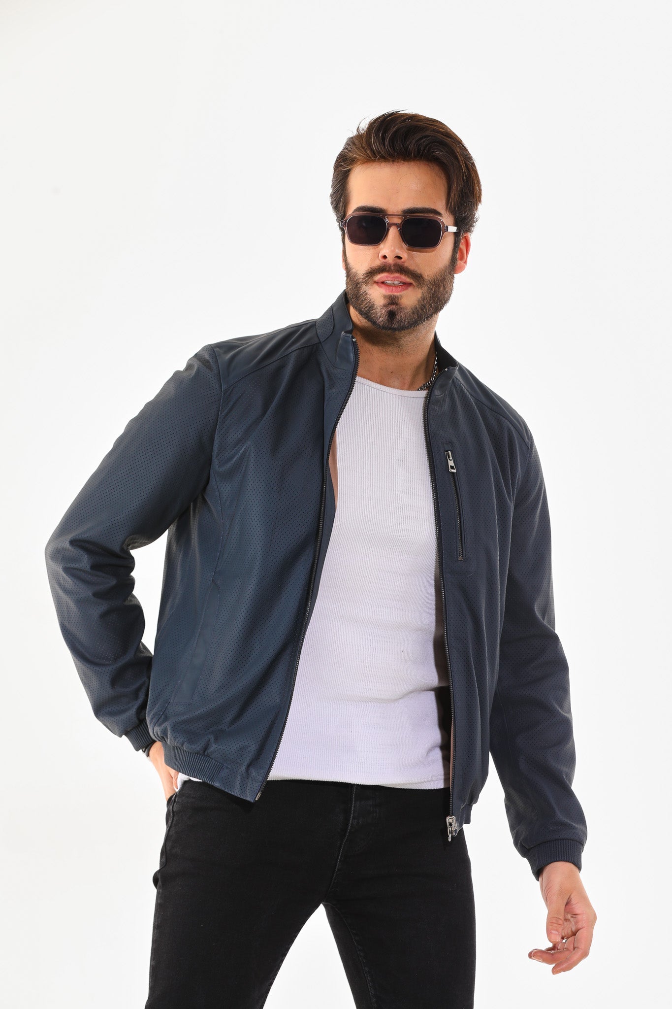 The Como Navy Blue Leather Bomber Jacket - Vinci Leather