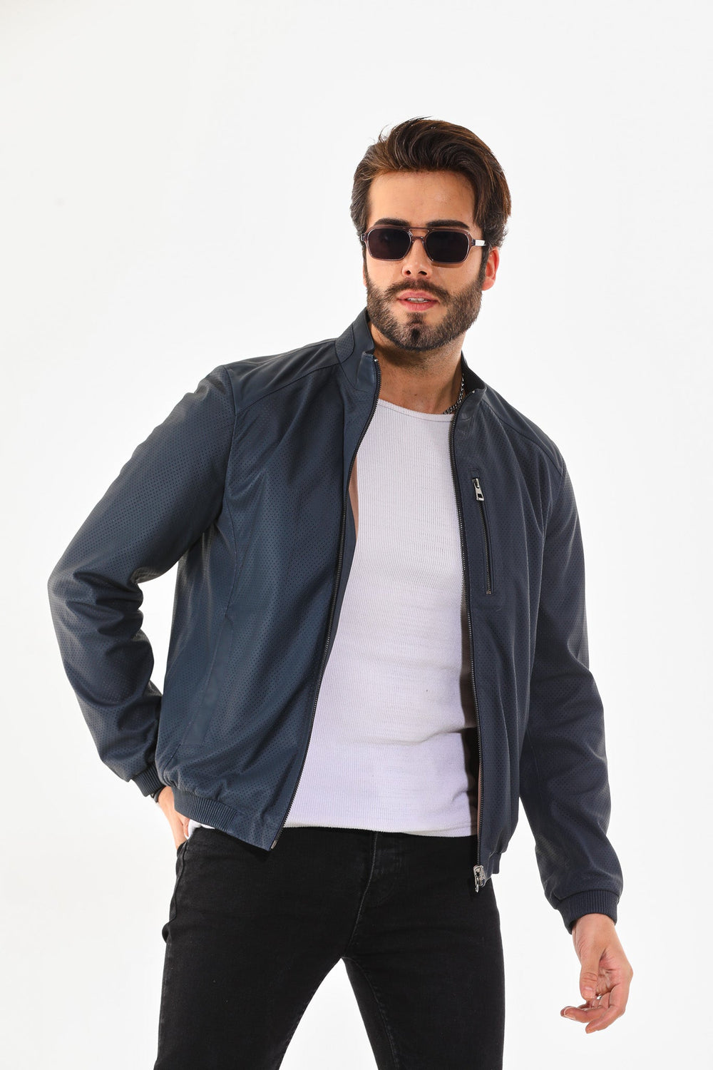 The Como Navy Blue Leather Bomber Jacket - Vinci Leather