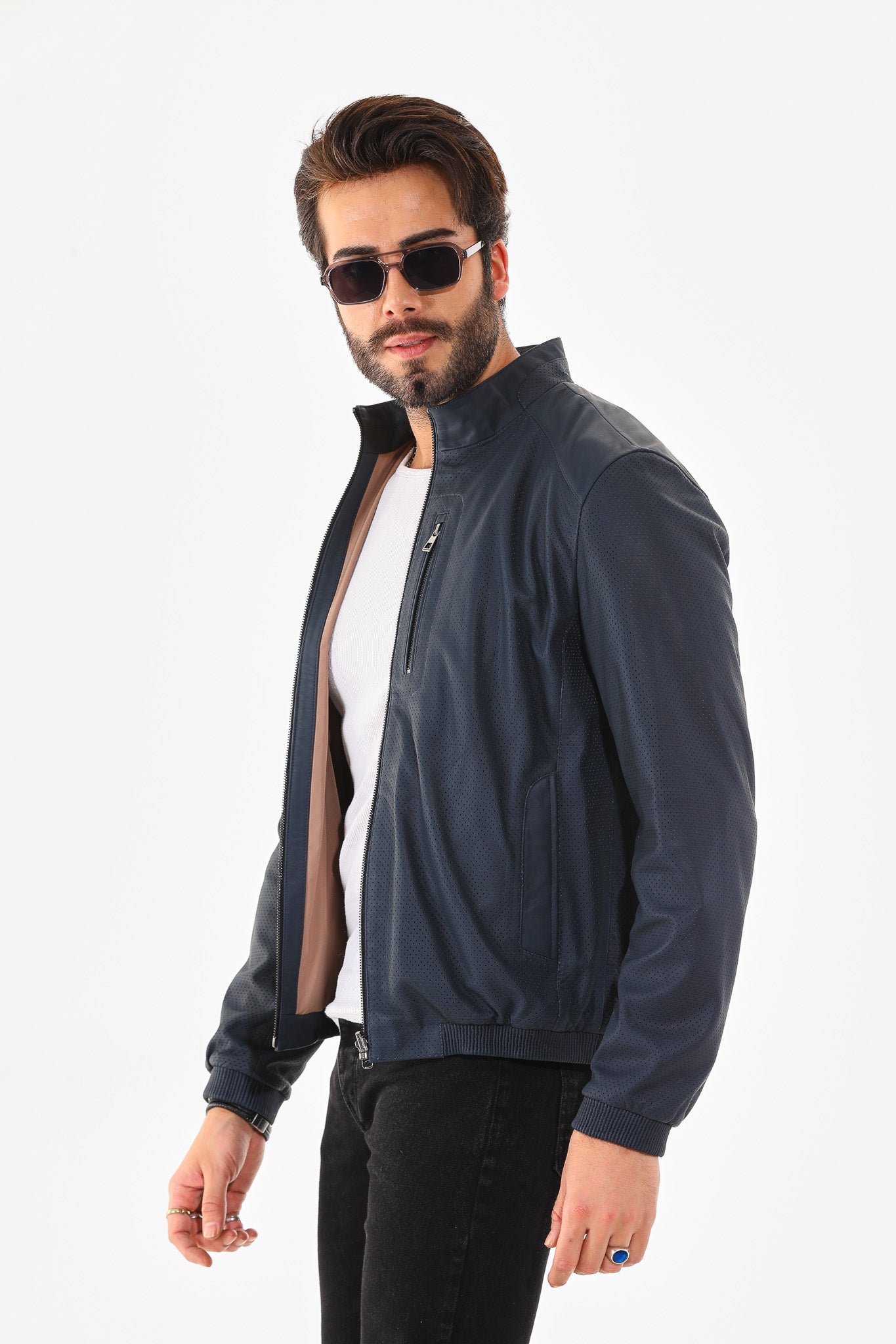 The Como Navy Blue Leather Bomber Jacket - Vinci Leather