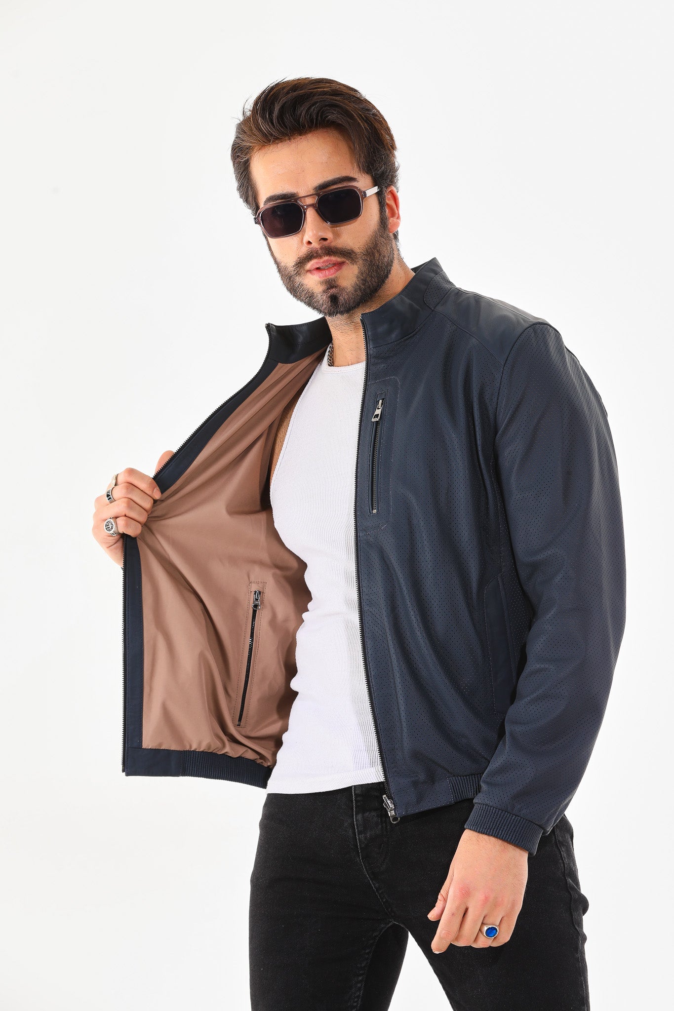 The Como Navy Blue Leather Bomber Jacket - Vinci Leather