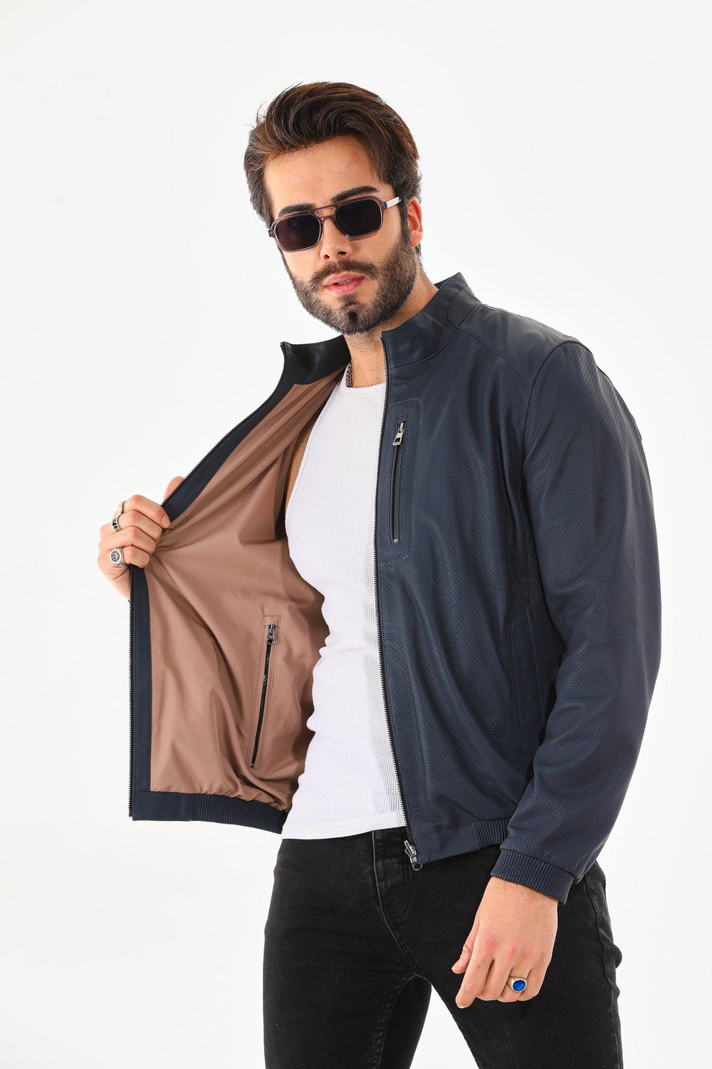The Como Navy Blue Leather Bomber Jacket - Vinci Leather