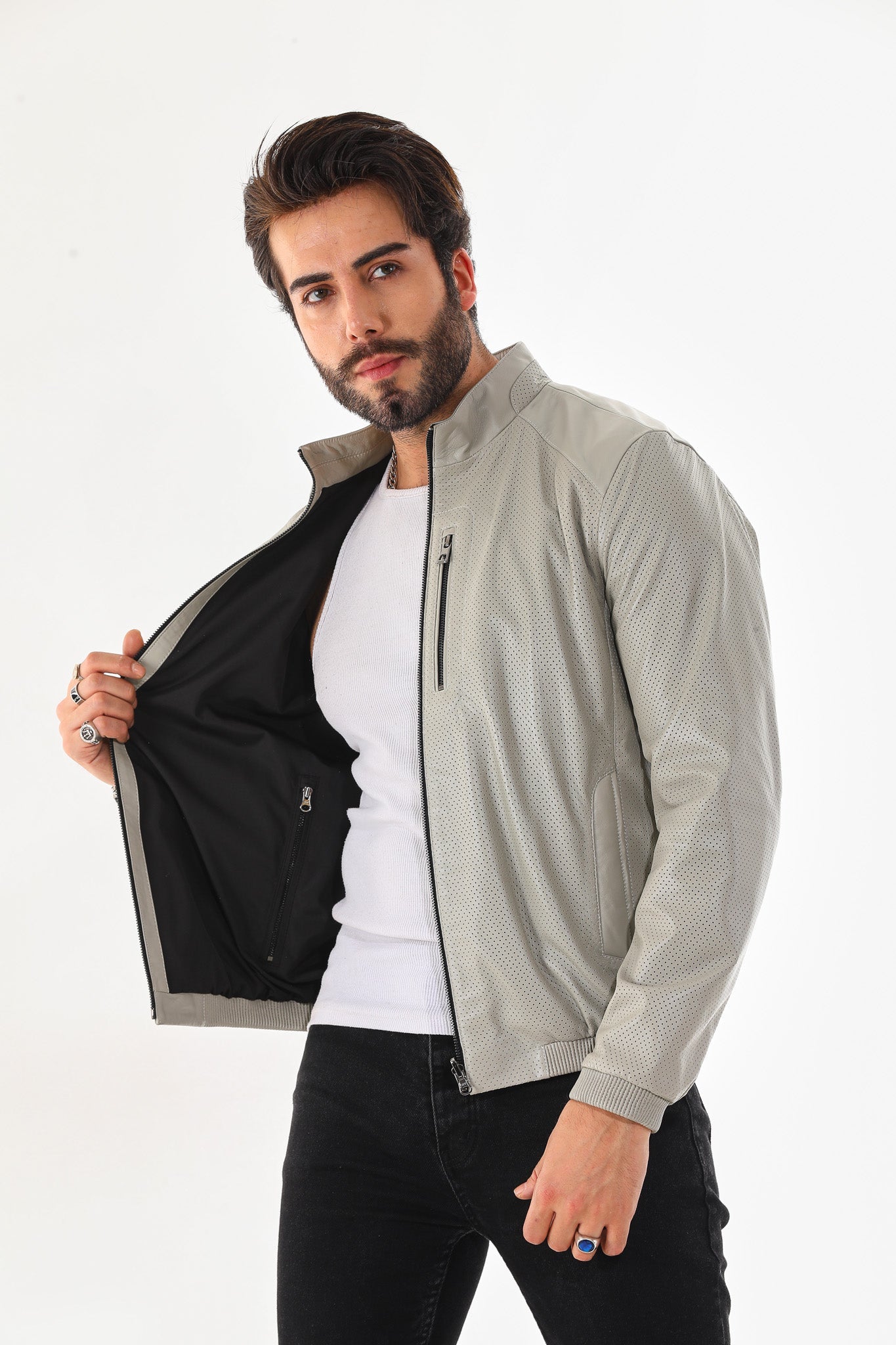 The Como Reversible Cream Black Leather Bomber Jacket - Vinci Leather