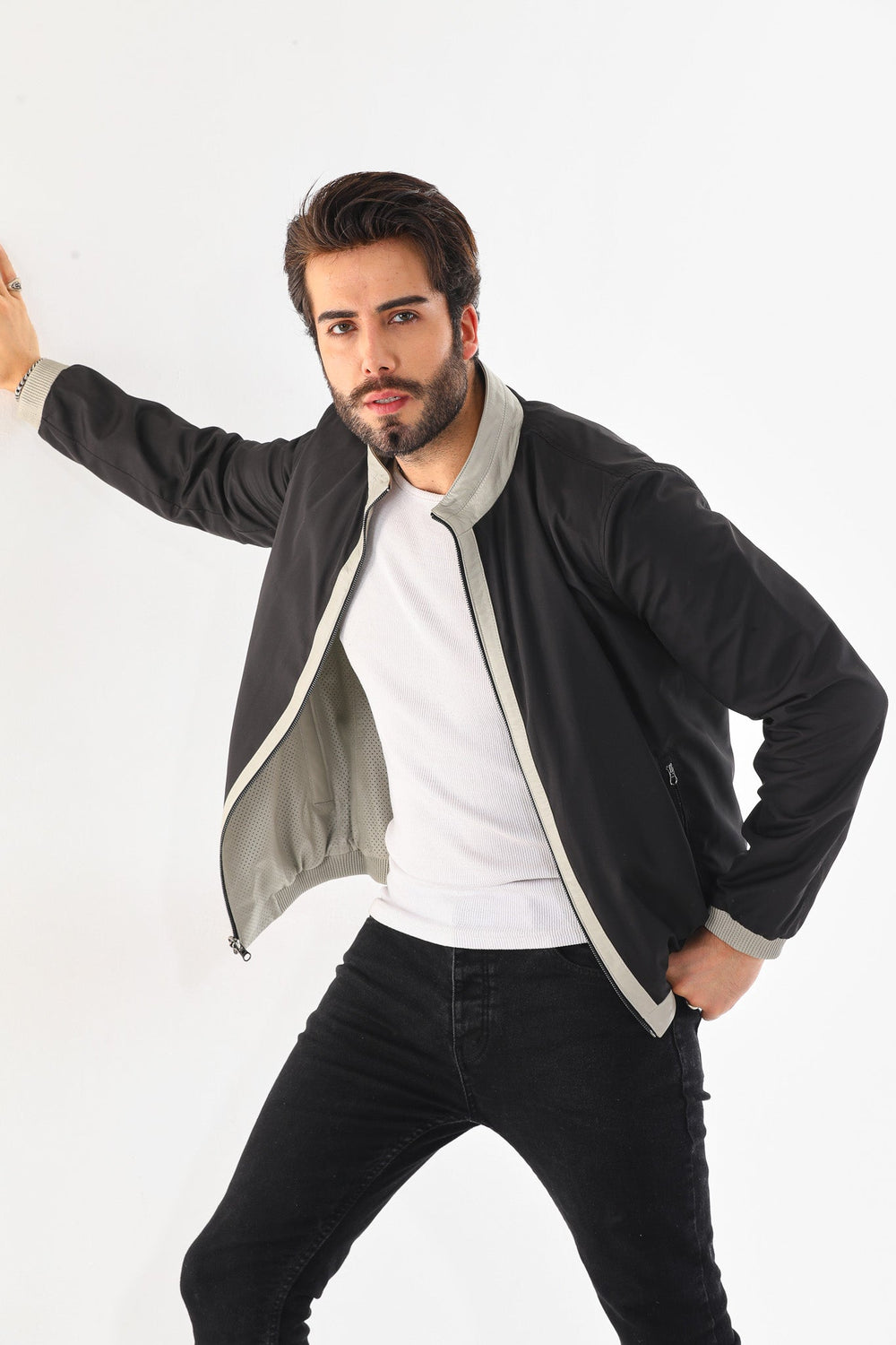 The Como Reversible Cream Black Leather Bomber Jacket - Vinci Leather
