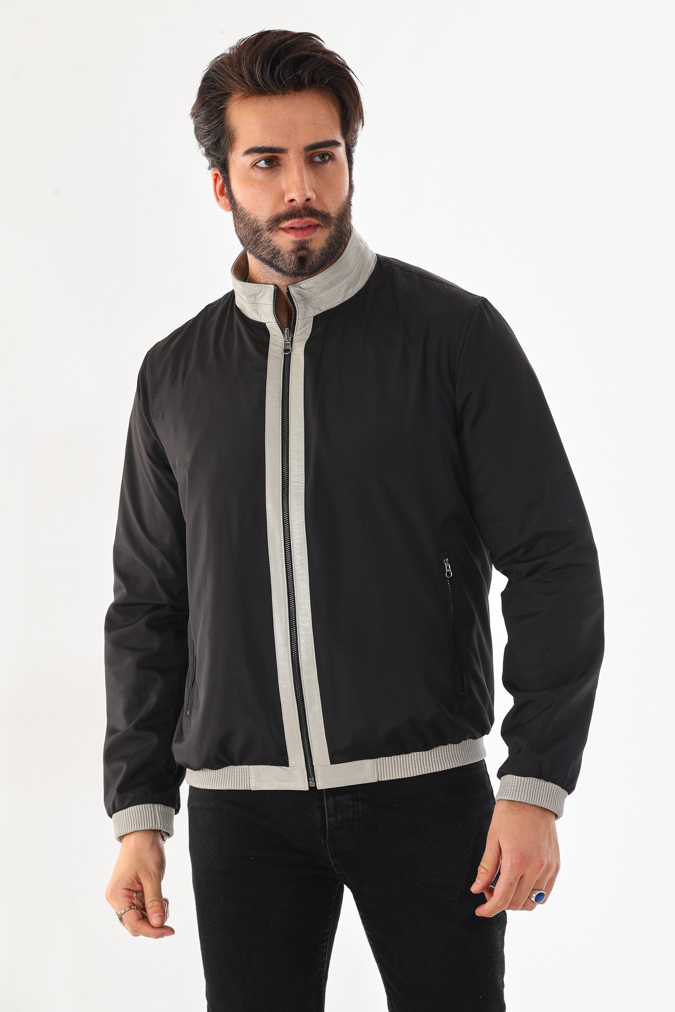 The Como Reversible Cream Black Leather Bomber Jacket - Vinci Leather
