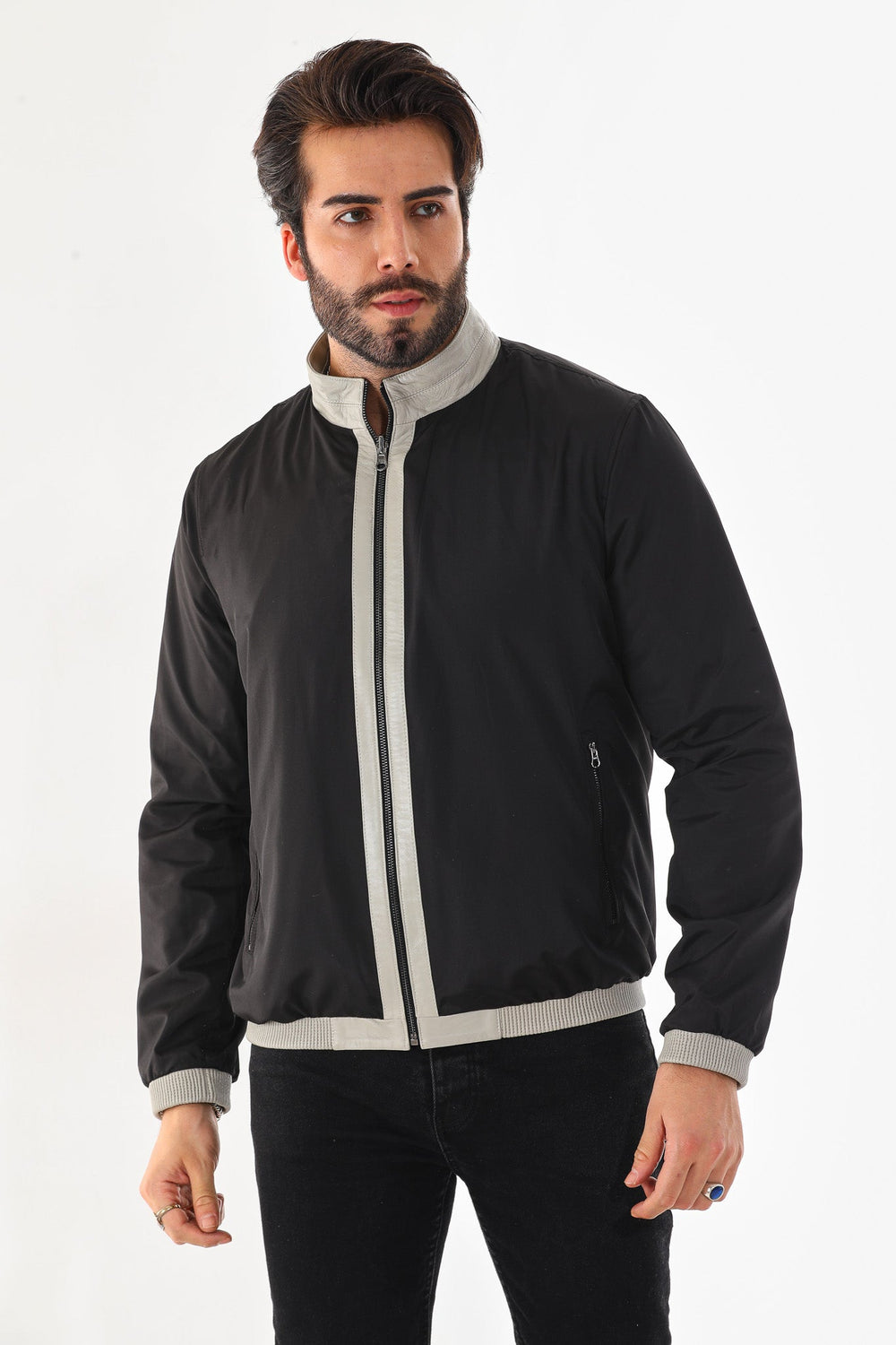 The Como Reversible Cream Black Leather Bomber Jacket - Vinci Leather