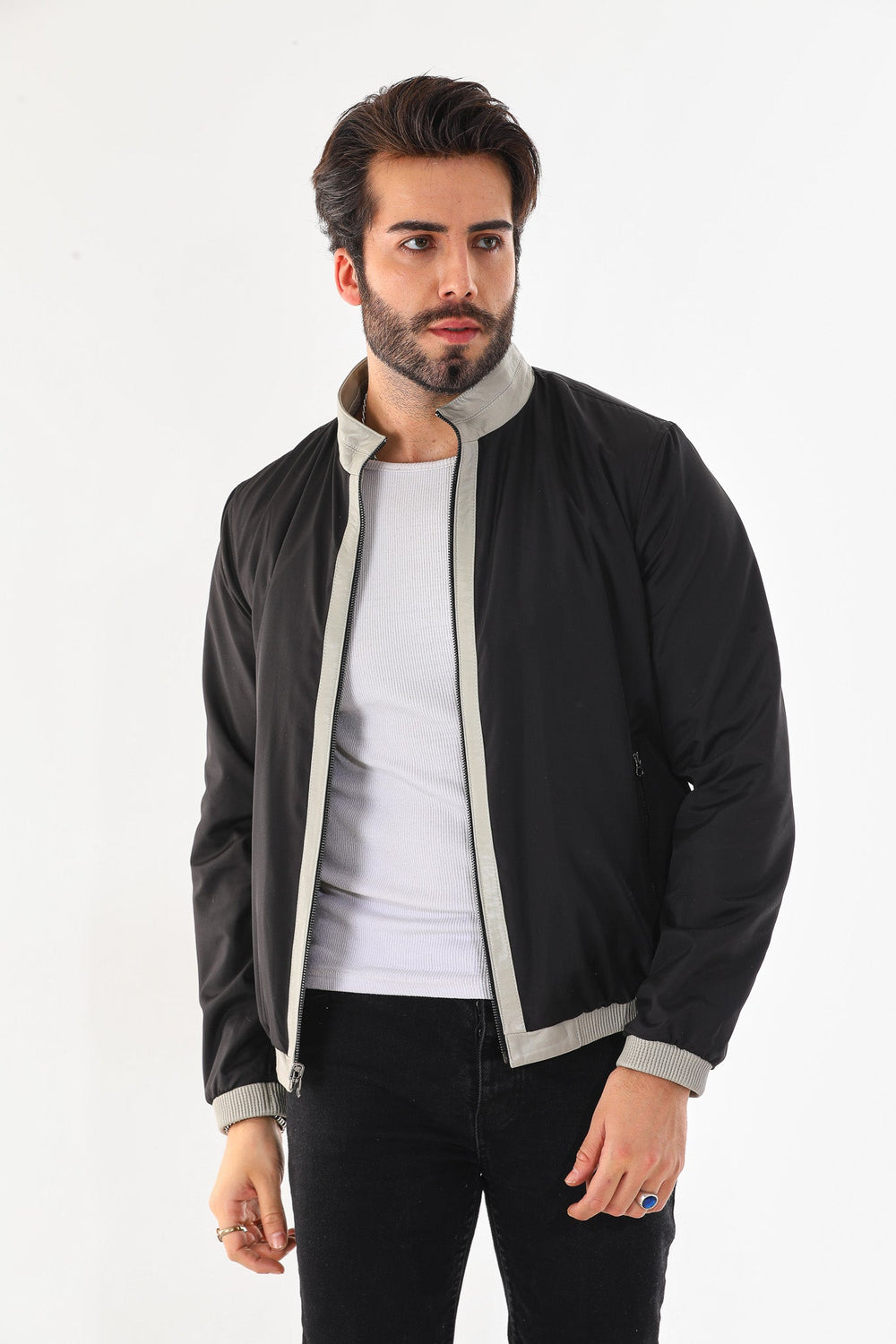 The Como Reversible Cream Black Leather Bomber Jacket - Vinci Leather