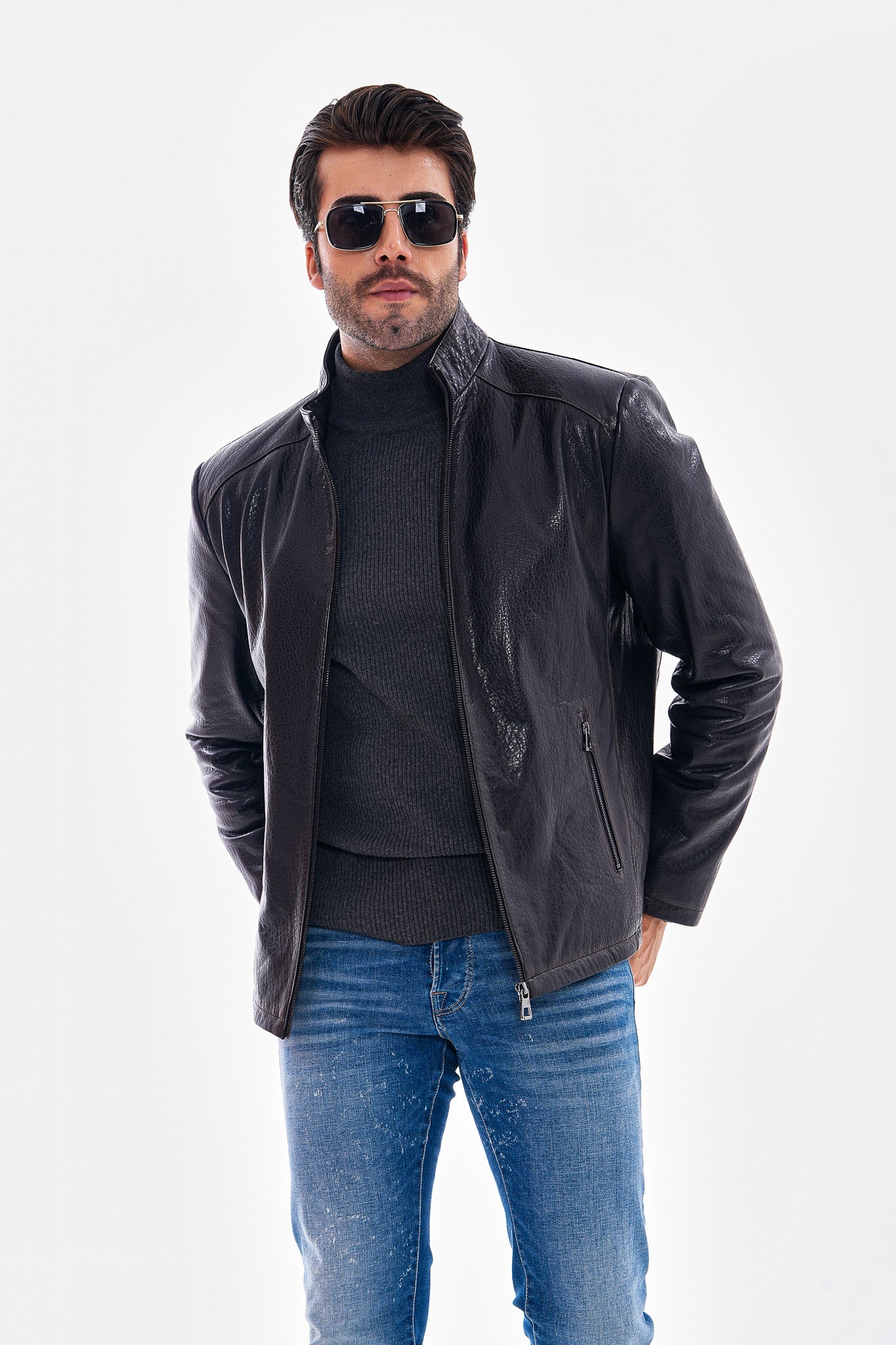 The Varden Navy Blue Leather Jacket - Vinci Leather
