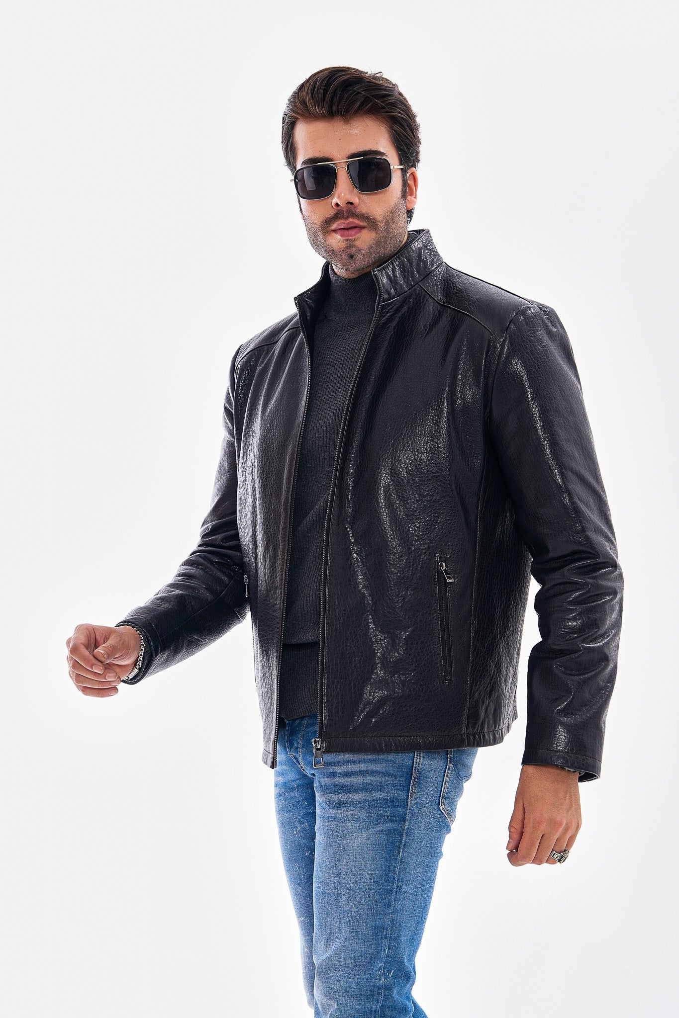 The Varden Navy Blue Leather Jacket - Vinci Leather