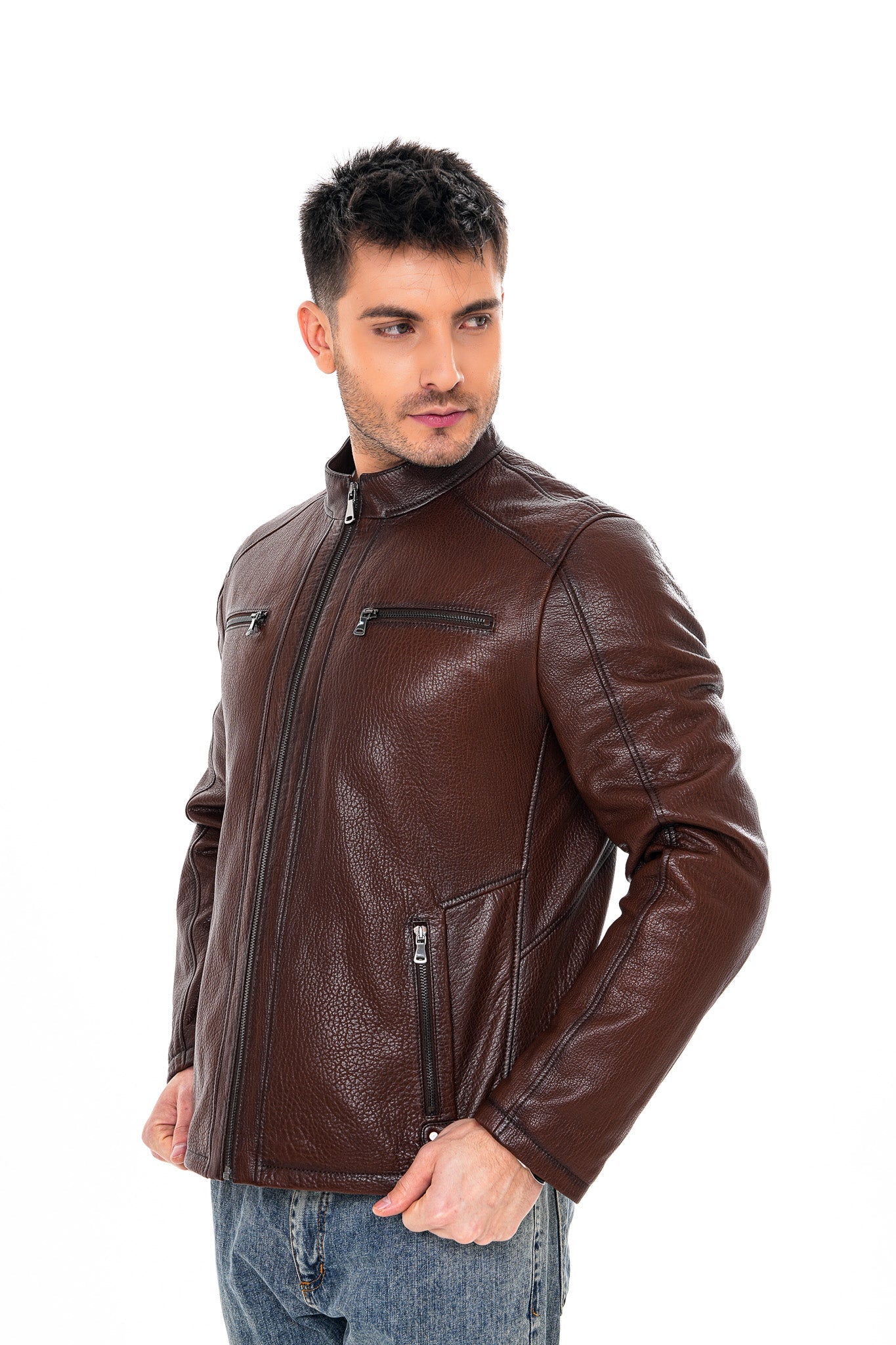 The Falcon Brown Pebbled Leather Jacket - Vinci Leather