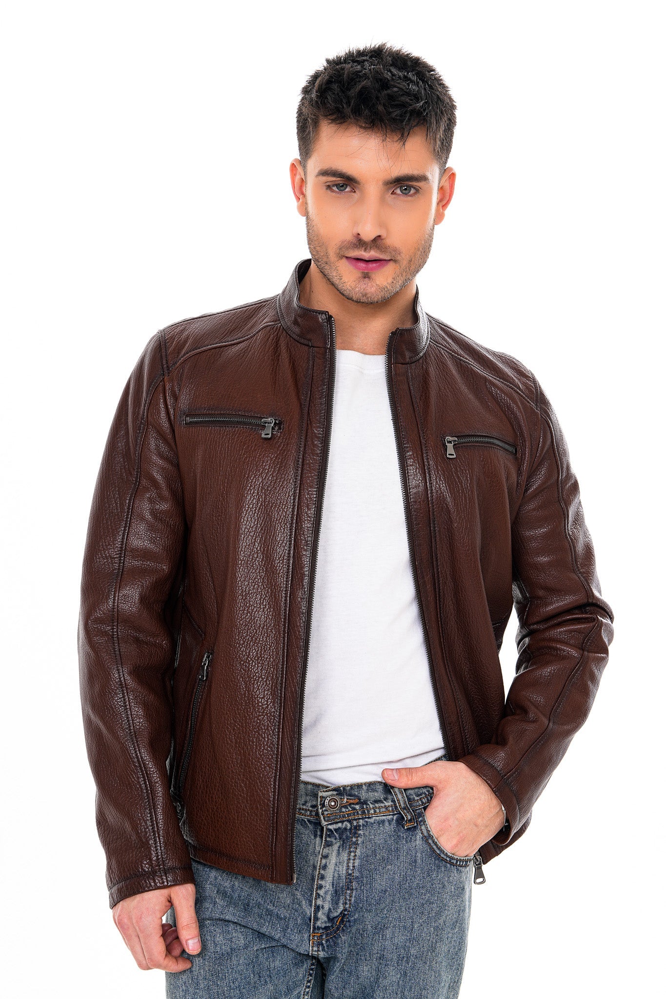 The Falcon Brown Pebbled Leather Jacket - Vinci Leather