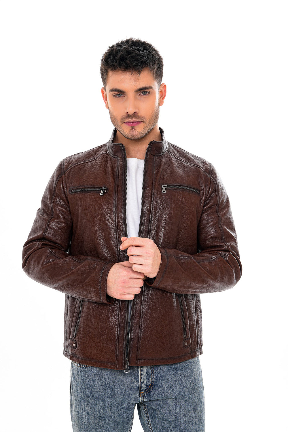 The Falcon Brown Pebbled Leather Jacket - Vinci Leather