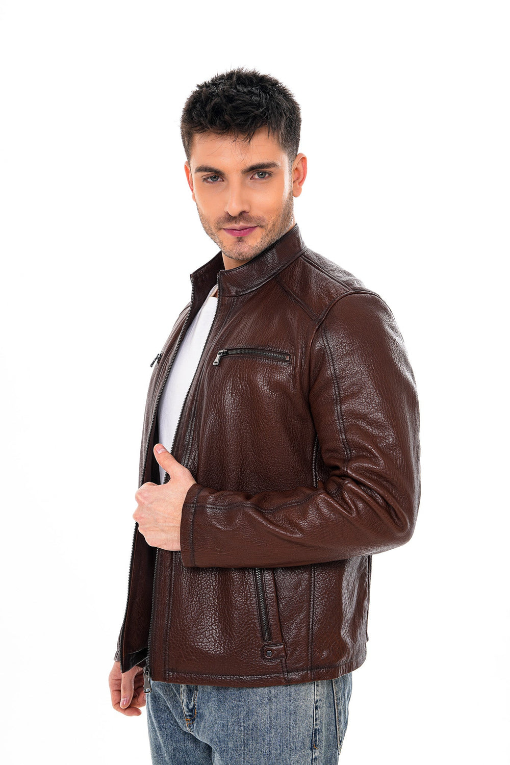 The Falcon Brown Pebbled Leather Jacket - Vinci Leather