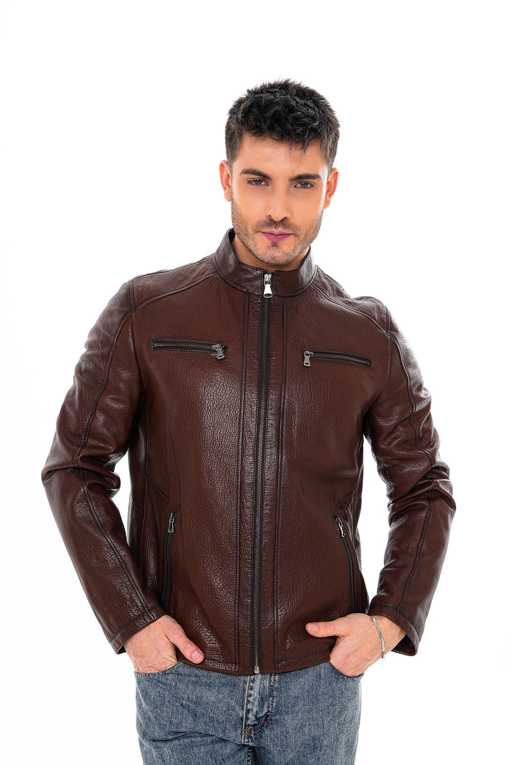 The Falcon Brown Pebbled Leather Jacket - Vinci Leather