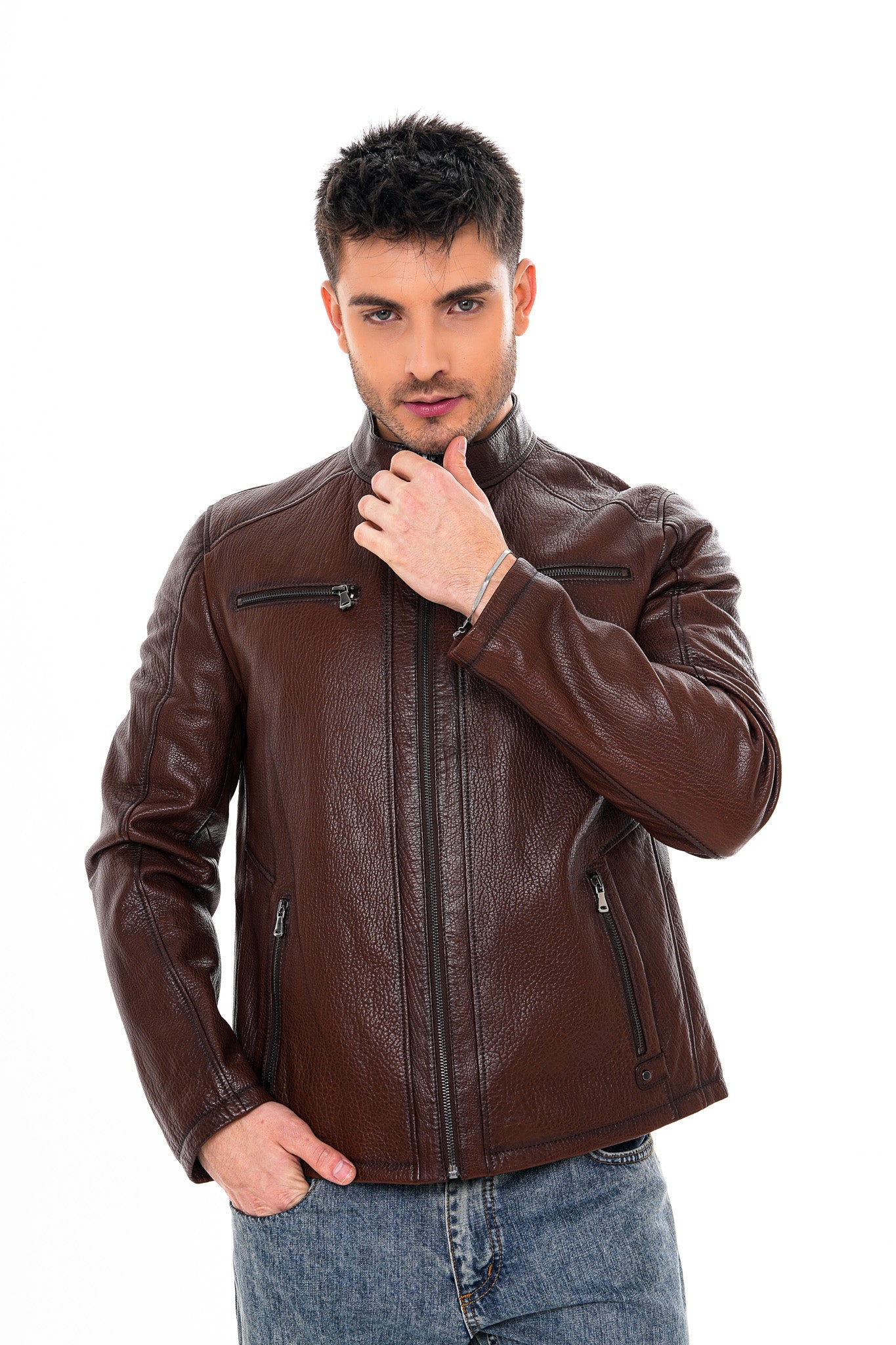 The Falcon Brown Pebbled Leather Jacket - Vinci Leather
