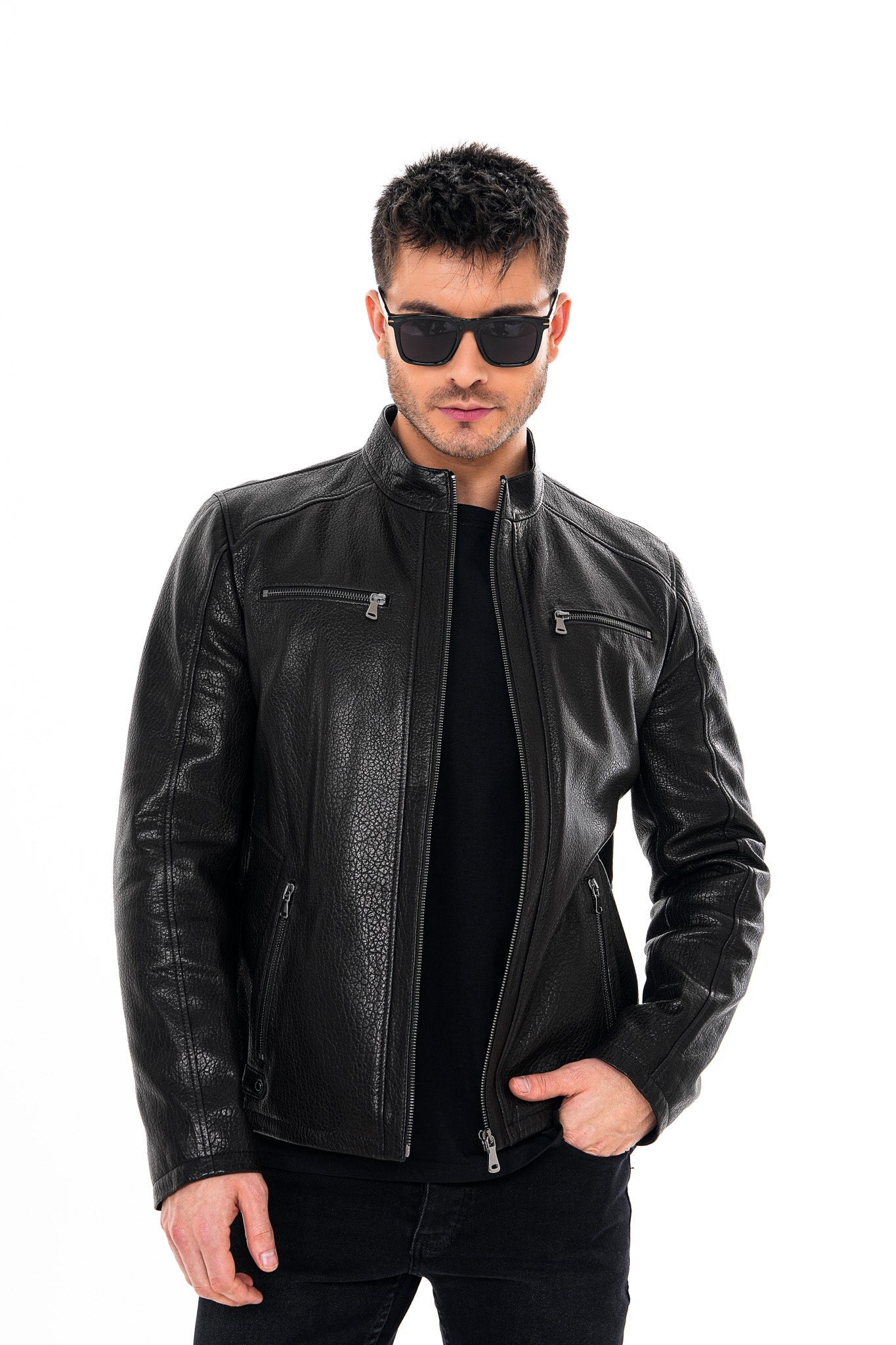 The Falcon Black Pebbled Leather Jacket - Vinci Leather