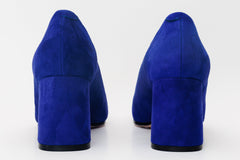 The California Sax Blue Suede Leather Block Heel Pump Shoe - Vinci Leather