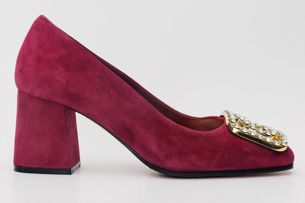 The California Burgundy Suede Leather Block Heel Pump Shoe - Vinci Leather
