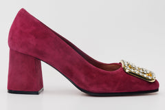 The California Burgundy Suede Leather Block Heel Pump Shoe - Vinci Leather