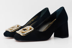 The California Black Suede Leather Block Heel Pump Shoe - Vinci Leather