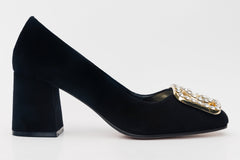 The California Black Suede Leather Block Heel Pump Shoe - Vinci Leather