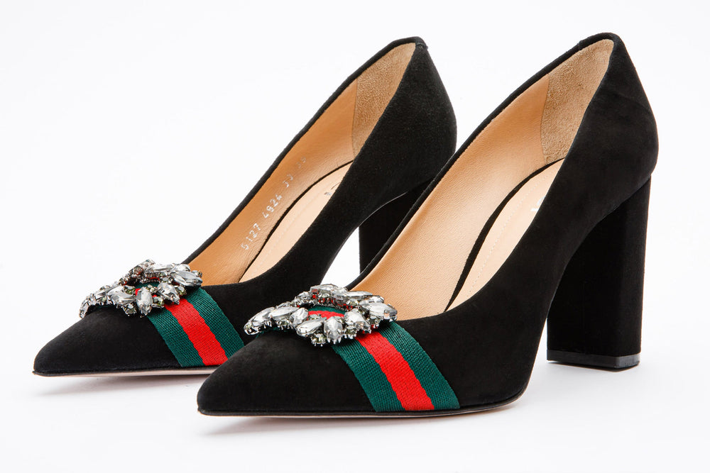 The Afega Black Suede Leather Block Heel Pump Shoe - Vinci Leather